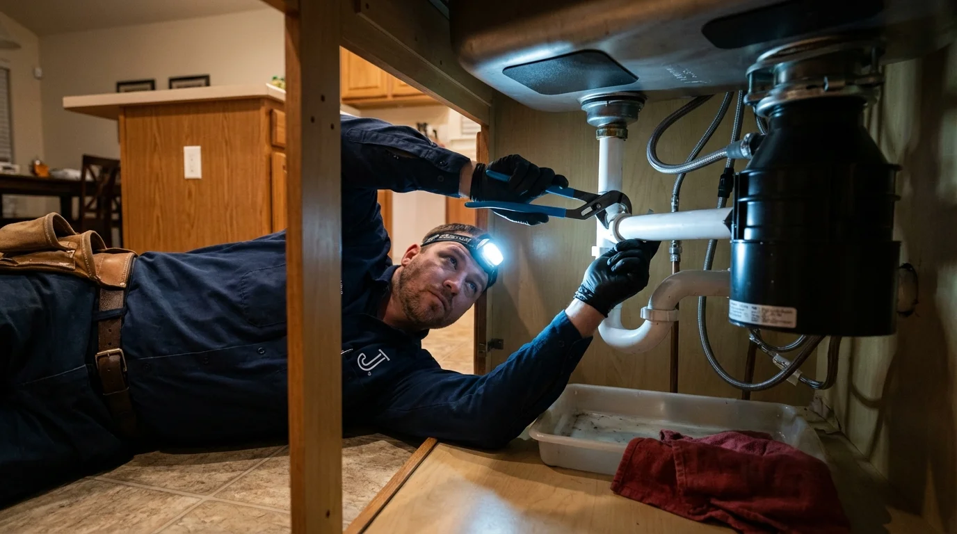 P-trap and supply line connections under a kitchen sink showing a common leak point in Calexico, CA